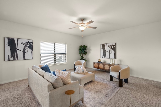 living room featuring light carpet and ceiling fan