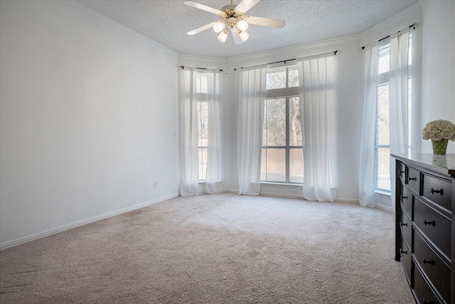 carpeted spare room with a textured ceiling, ceiling fan, and crown molding