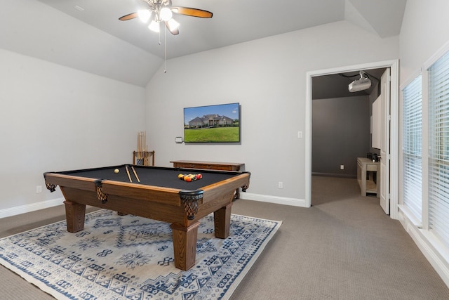 rec room with carpet flooring, ceiling fan, a healthy amount of sunlight, billiards, and lofted ceiling