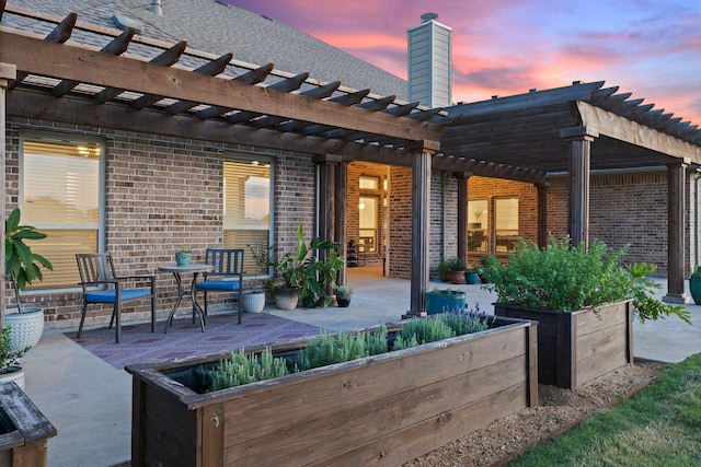 back house at dusk featuring a pergola and a patio