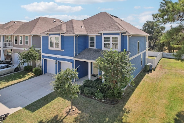 view of front of house with cooling unit, a garage, and a front lawn