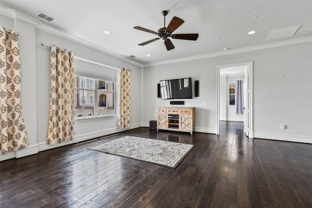 unfurnished living room featuring ceiling fan, dark wood-type flooring, and ornamental molding