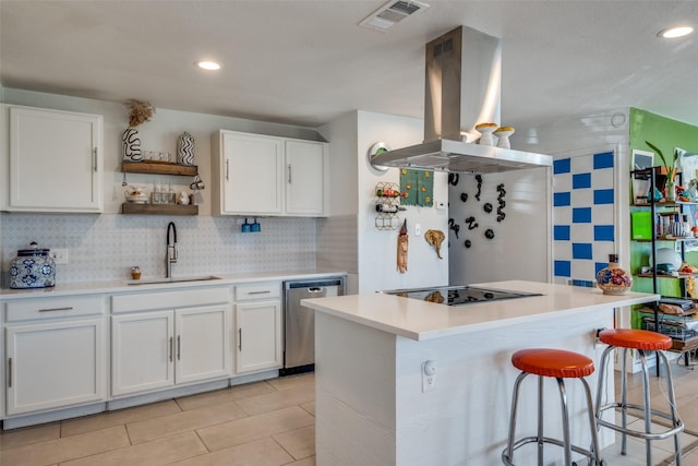 kitchen featuring sink, dishwasher, tasteful backsplash, island range hood, and white cabinets