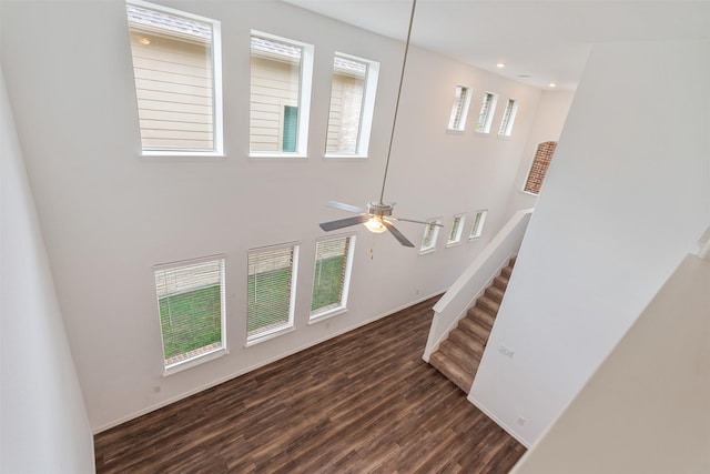 staircase featuring ceiling fan and wood-type flooring