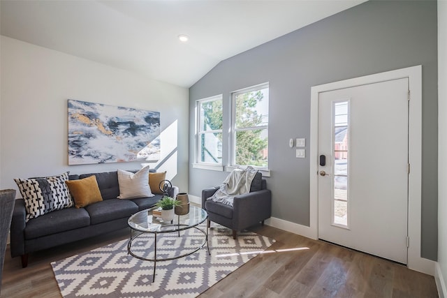 living room with wood-type flooring and lofted ceiling