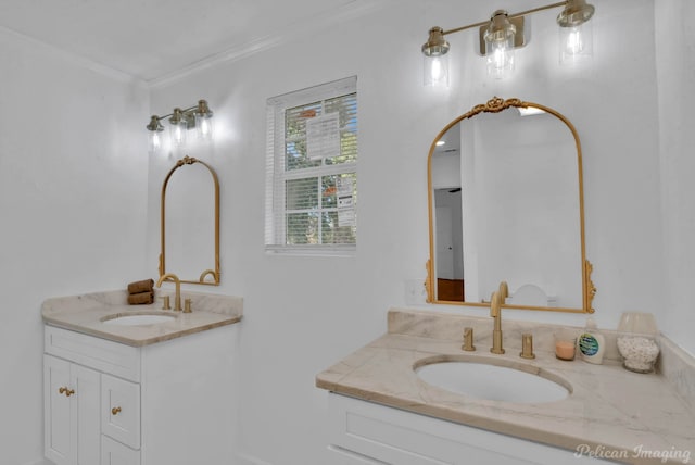 bathroom with vanity and ornamental molding