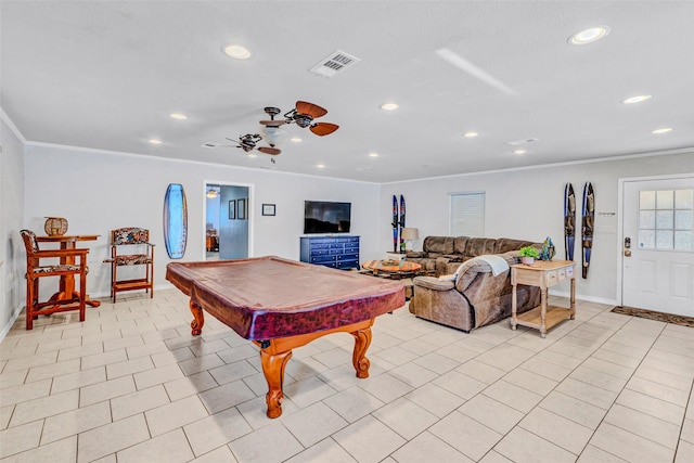 recreation room featuring crown molding, ceiling fan, light tile patterned floors, and billiards