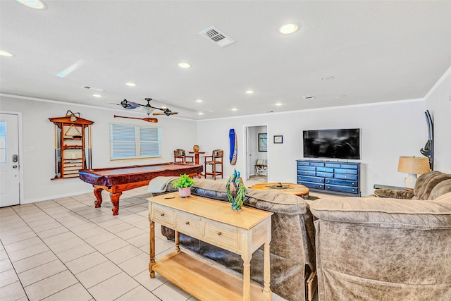 tiled living room with ceiling fan, crown molding, and billiards