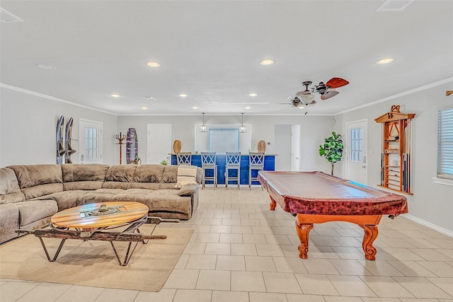 recreation room featuring light tile patterned flooring, ceiling fan, crown molding, and pool table