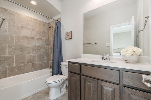 full bathroom featuring vanity, tile patterned flooring, shower / bathtub combination with curtain, and toilet