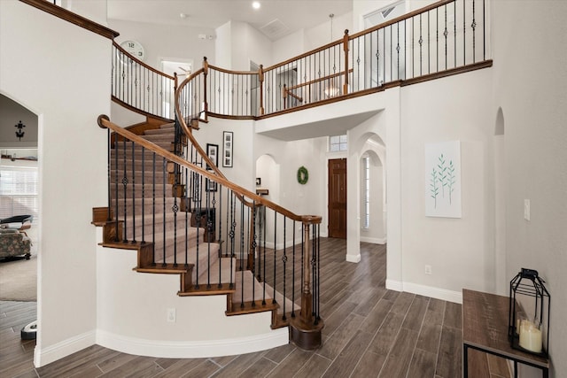 stairs with a towering ceiling