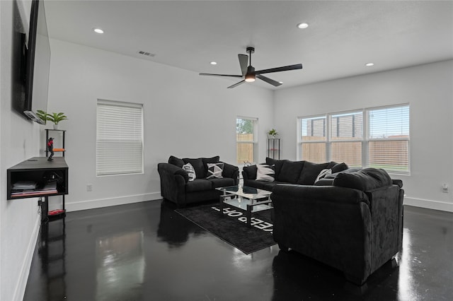 living room with ceiling fan