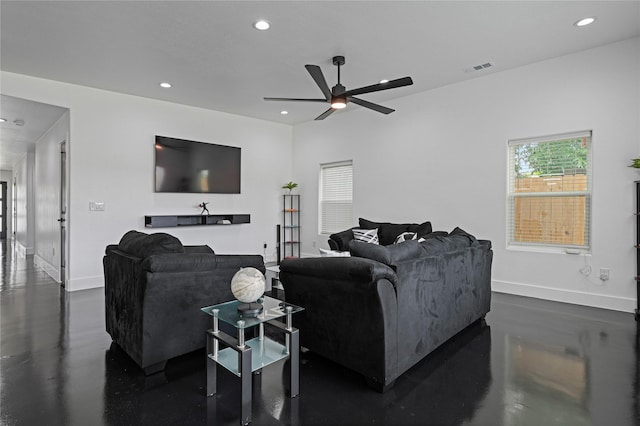 living room with ceiling fan