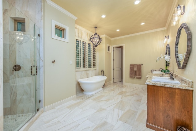 bathroom with vanity, crown molding, a chandelier, and separate shower and tub