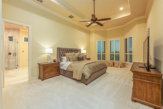 carpeted bedroom with crown molding, a raised ceiling, and ceiling fan