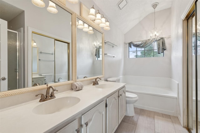 bathroom with vanity, a textured ceiling, vaulted ceiling, toilet, and a tub