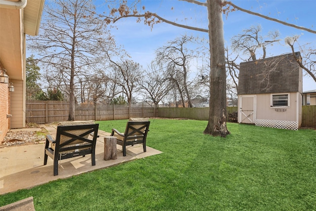 view of yard featuring a storage shed and a patio