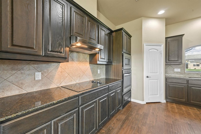 kitchen featuring appliances with stainless steel finishes, tasteful backsplash, dark brown cabinets, dark wood-type flooring, and dark stone countertops