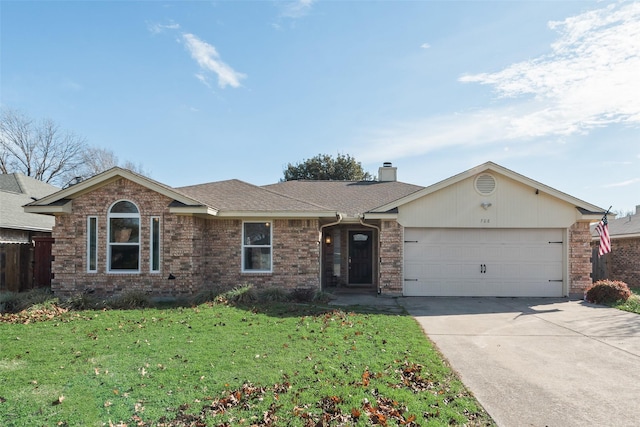 single story home featuring a front yard and a garage