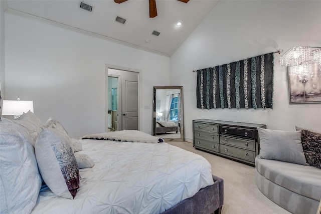 carpeted bedroom featuring ceiling fan, high vaulted ceiling, and ornamental molding