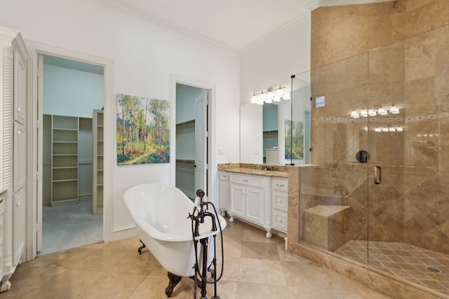 bathroom featuring vanity, separate shower and tub, and ornamental molding