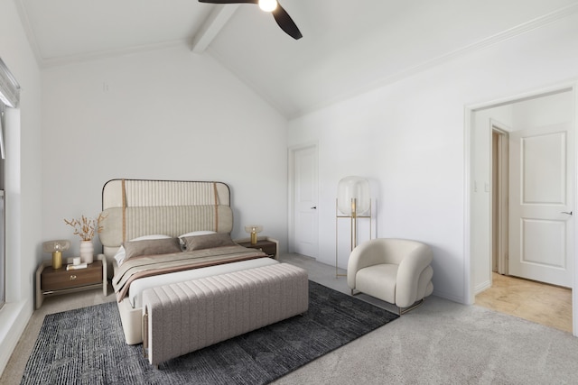 carpeted bedroom featuring vaulted ceiling with beams and ceiling fan