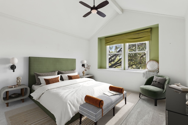 carpeted bedroom with ceiling fan and lofted ceiling with beams