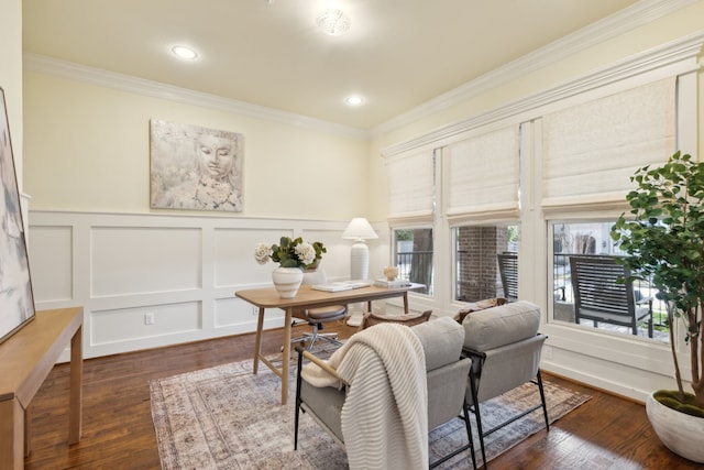 interior space featuring dark hardwood / wood-style flooring and ornamental molding