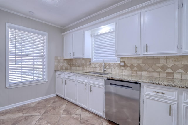 kitchen featuring white cabinetry, sink, light stone countertops, and dishwasher