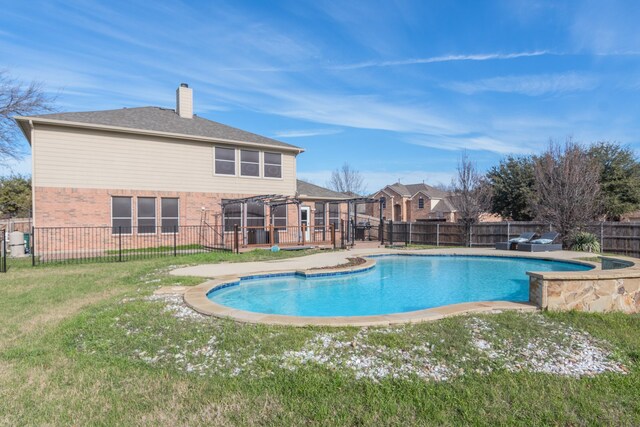 view of pool featuring a pergola and a lawn