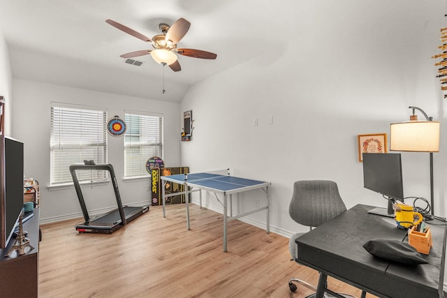 office area with ceiling fan, lofted ceiling, and light wood-type flooring