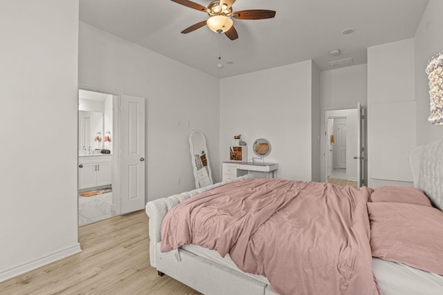 bedroom featuring ceiling fan, ensuite bathroom, and light wood-type flooring