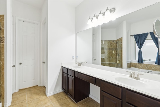 bathroom with vanity, separate shower and tub, and tile patterned floors