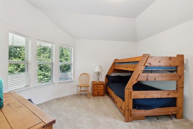 bedroom with lofted ceiling and carpet floors