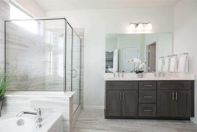 bathroom with plus walk in shower and vanity