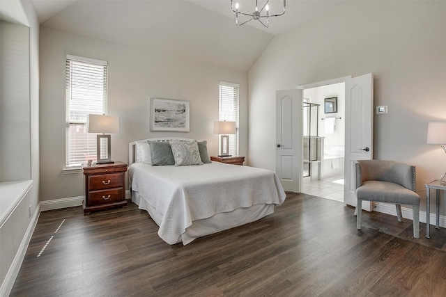 bedroom with multiple windows, lofted ceiling, dark hardwood / wood-style floors, and a chandelier