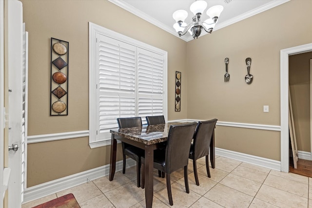 dining area with crown molding, light tile patterned floors, and a chandelier