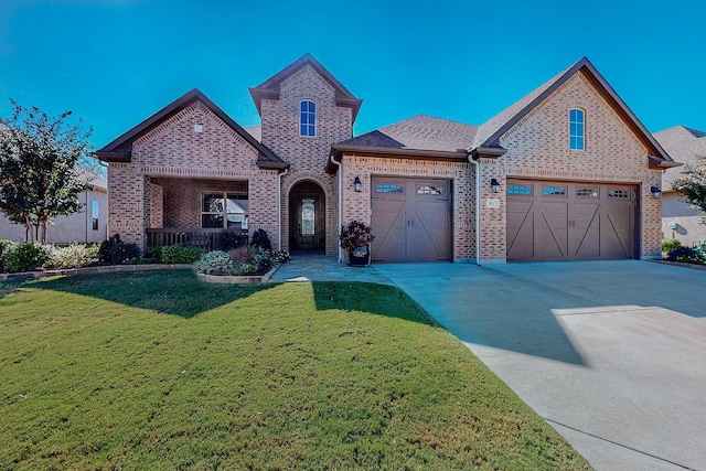 view of front of home featuring a garage, covered porch, and a front yard