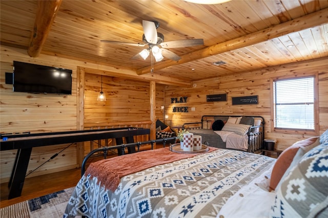 bedroom with wood ceiling, wood walls, wood finished floors, and beam ceiling