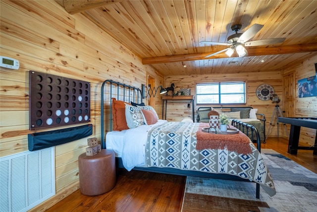 bedroom with visible vents, wooden walls, wood finished floors, wooden ceiling, and beamed ceiling