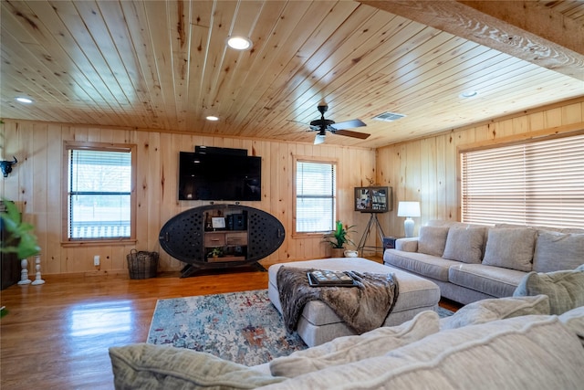 living area featuring wooden ceiling, plenty of natural light, wood finished floors, and visible vents