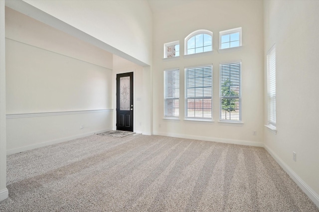 carpeted foyer entrance with a high ceiling and a wealth of natural light