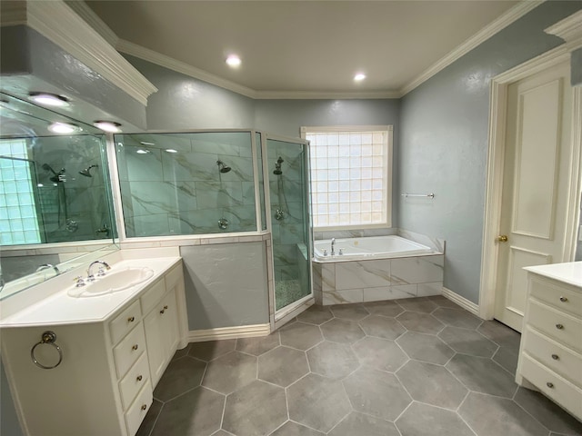 bathroom with ornamental molding, separate shower and tub, and a wealth of natural light