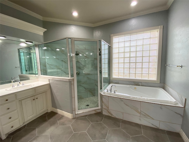 bathroom featuring vanity, crown molding, tile patterned floors, and separate shower and tub