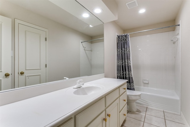 full bathroom featuring vanity, tile patterned floors, shower / bath combination with curtain, and toilet