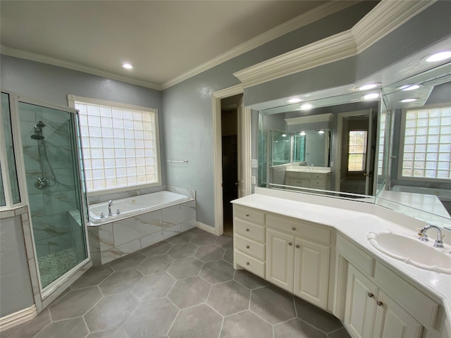 bathroom featuring independent shower and bath, vanity, and crown molding