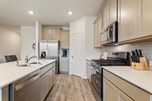 kitchen featuring backsplash, sink, stainless steel appliances, and light hardwood / wood-style flooring