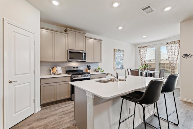 kitchen with backsplash, sink, light wood-type flooring, an island with sink, and appliances with stainless steel finishes