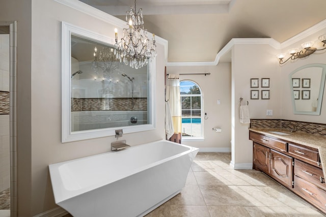 bathroom with vanity, tile patterned flooring, crown molding, and separate shower and tub