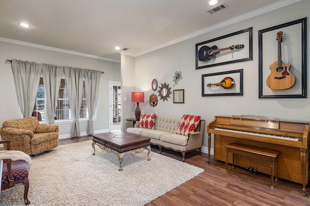 living room featuring crown molding and dark wood-type flooring